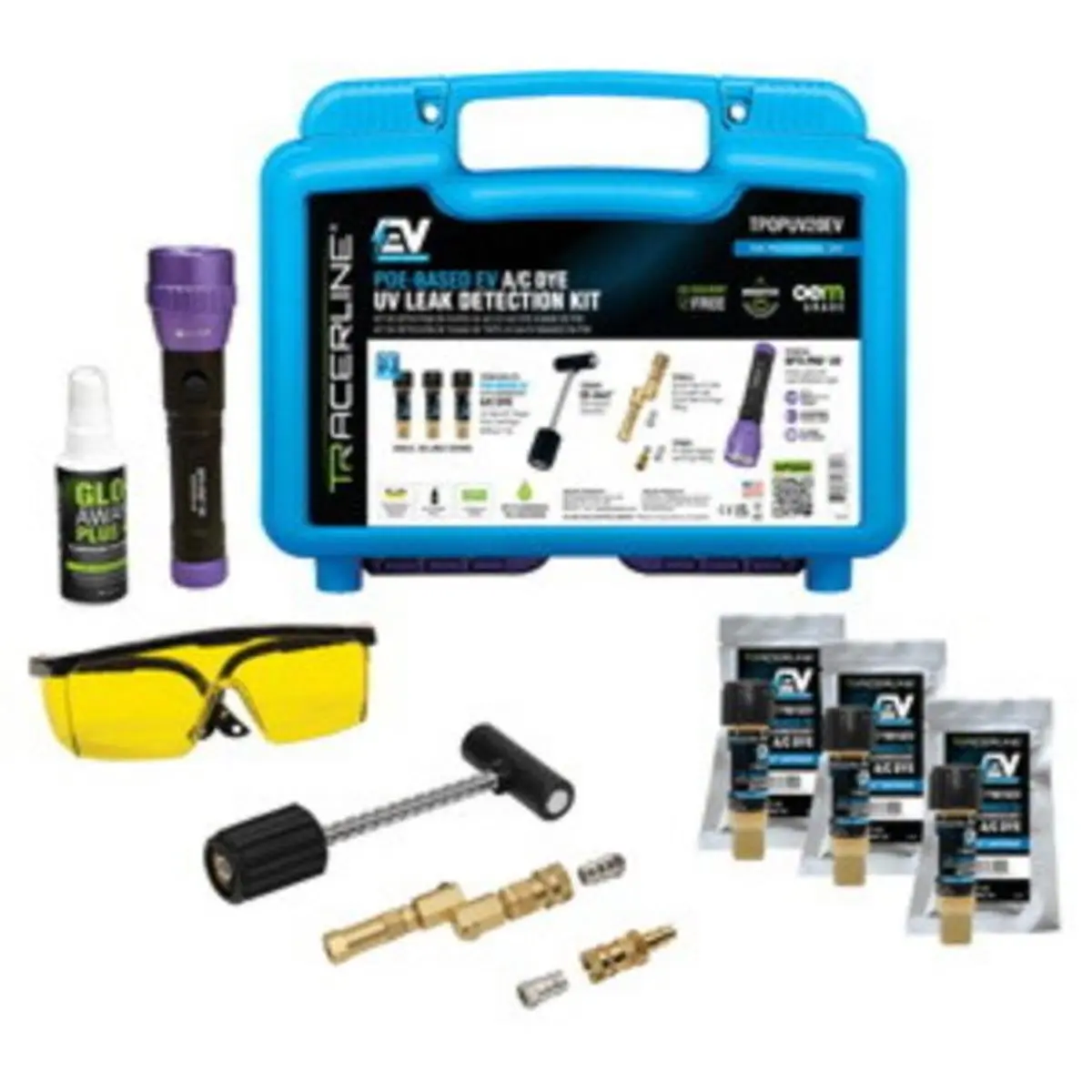212 MAIN AC Leak Detector Kit, Complete EV System Diagnostics Set with Solid Brass Coupler, High Dielectric Formula, UV Flashlight & 3 Single-Dose Mini-EZ Dye Cartridges