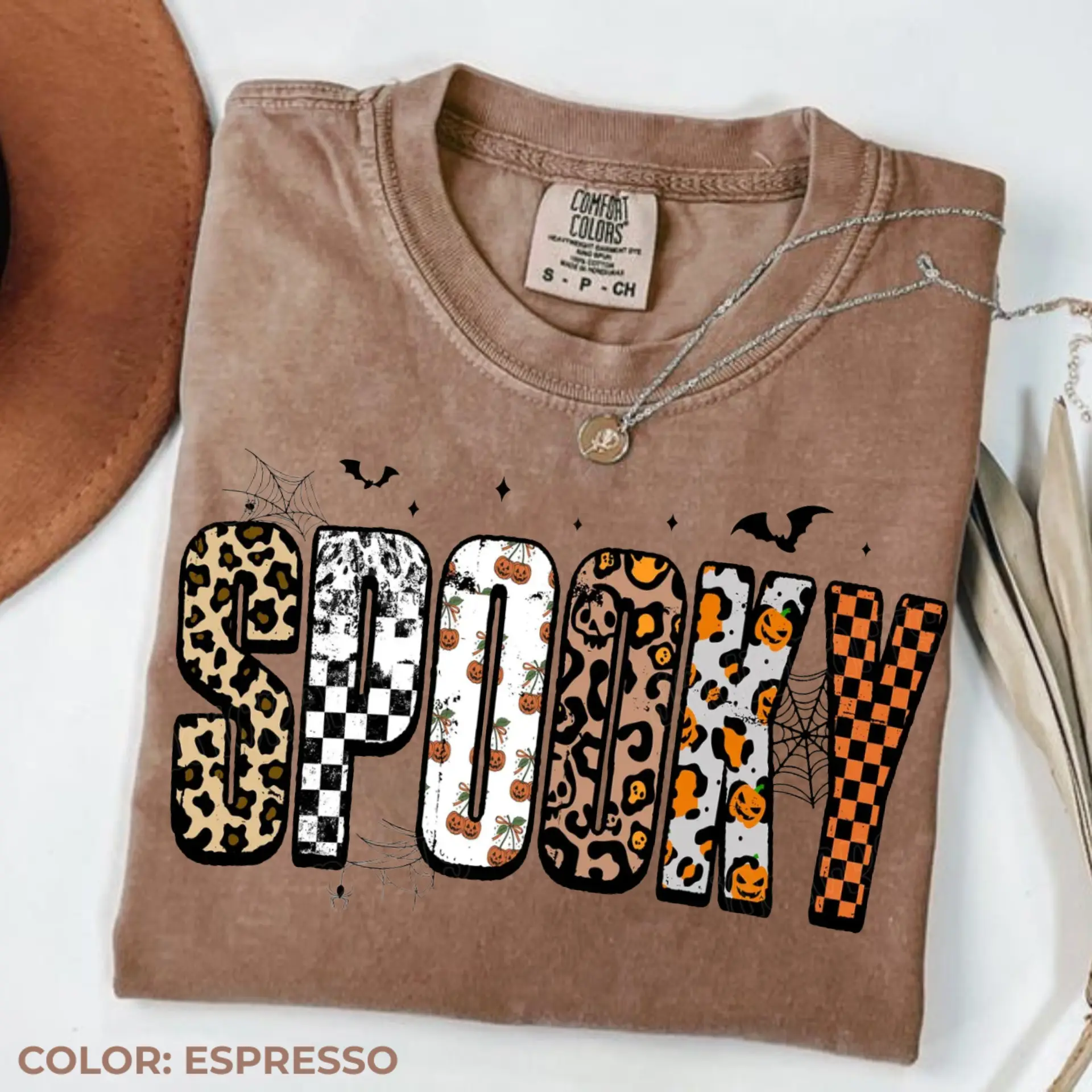 Comfort Colors Retro Halloween Spooky Shirt, Personalized Halloween Leopard Checkered Fall, Spooky Shirt, Halloween Girly Tee, Fall Shirt