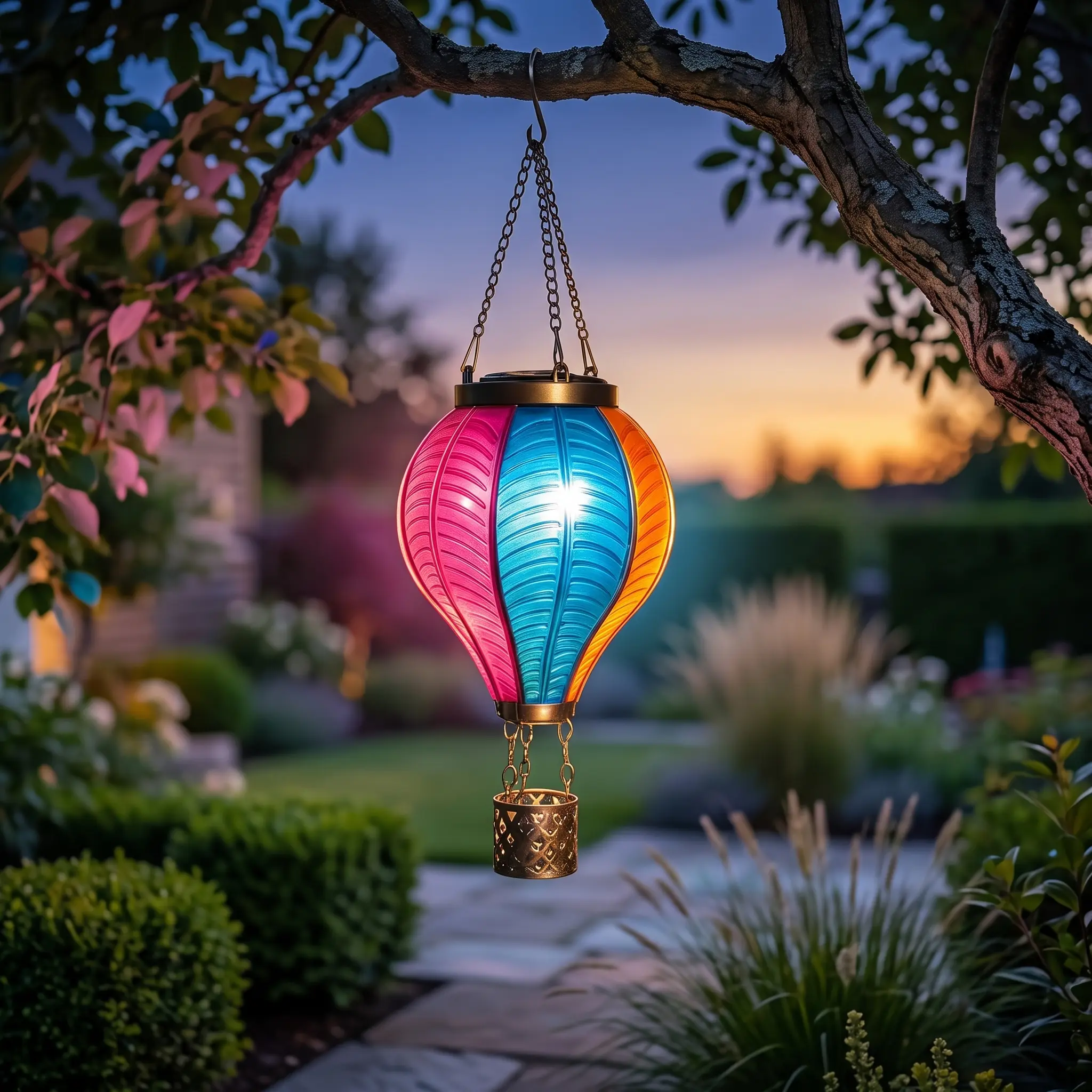 Solar Power Acrylic Hot Air Balloon Hanging Lanterns - Whimsical Flickering Flame Effect, Waterproof, Ambient Glow Outside Lights for Patio Home Improvement Lighting