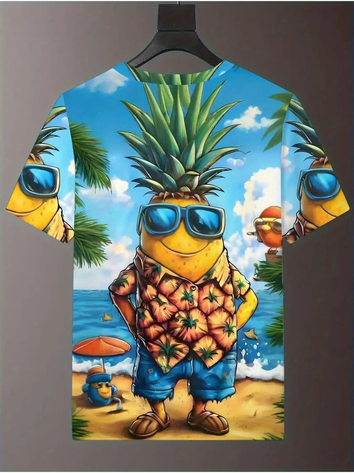 New Hawaii 3D Cartoon Pineapple Pattern Casual Sport Big Size Sporty Round Neck Short Sleeve T-Shirt, Casual Sports Tops, Outdoor Sports, Birthday Gift, Holiday Gift