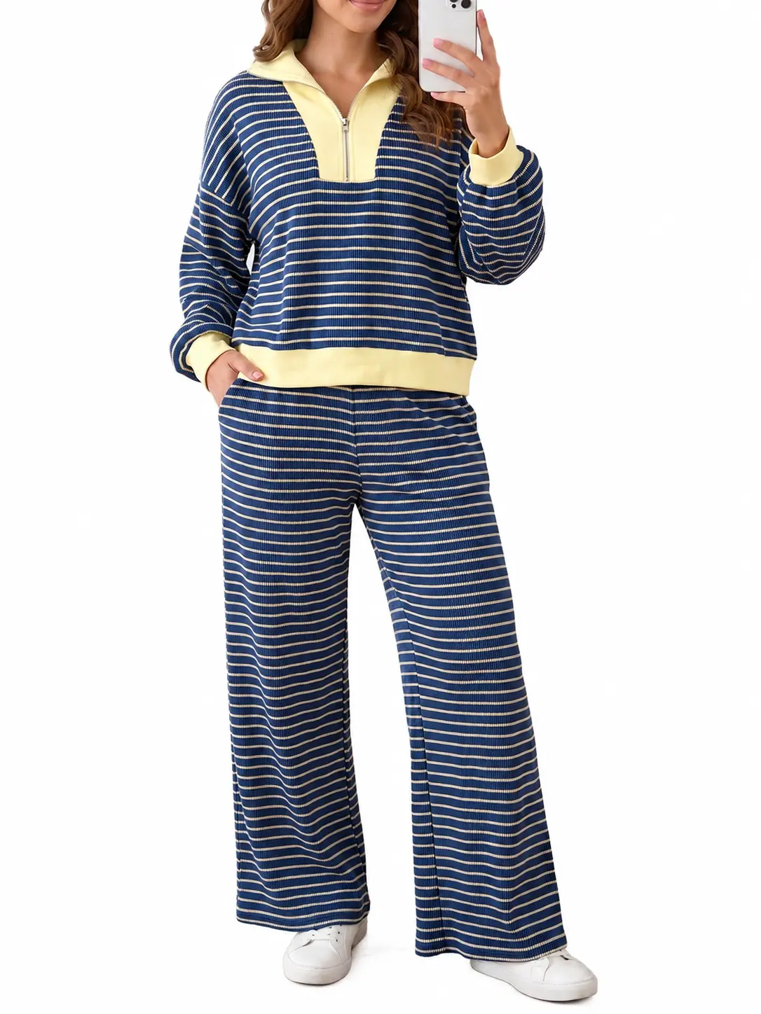 Women's 2-Piece Striped Quarter-Zip Colorblock Lounge Set - Pullover Top & Wide-Leg Pants Matching Outfit Casual Clothes Fabric Lightweight