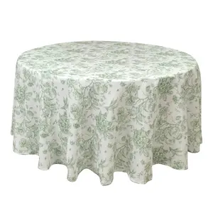 Polyester 120" Round Tablecloth White - Dusty Sage Green French Toile Pattern for Chic Weddings
