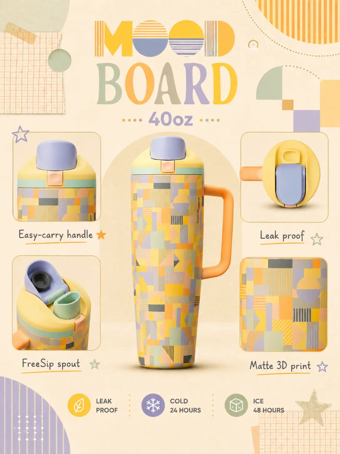 Owala Moodboard 40oz FreeSip Tumbler with Handle – Color Block Edition Vacuum Insulated Stainless Steel Leakproof Water Bottle