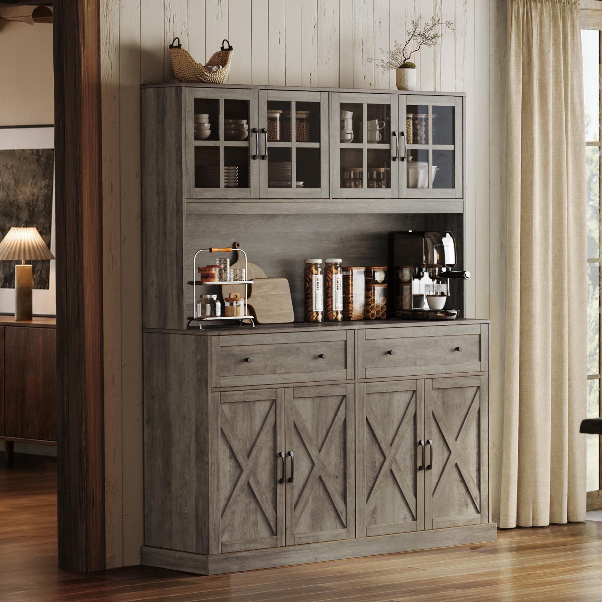 【2 Packages Shipping】PRAISUN 71''H x 55.1''W Pantry Cabinet with Charging Station, 4 Wide Cabinets Kitchen Pantry with 2 Drawers, Farmhouse Hutch Storage Cabinet, Tall Coffee Bar, Acrylic Door, Adjustable Shelves