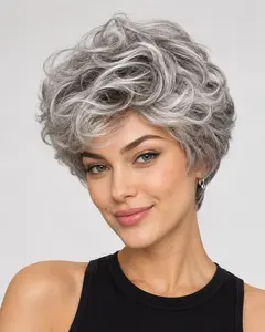 [Women's Short Gray Curly Wig] Made with wavy synthetic hair strands, it looks realistic and feels smooth. Suitable for various occasions such as daily commutes, dates, parties, photoshoots, holiday outfits, and retro looks.