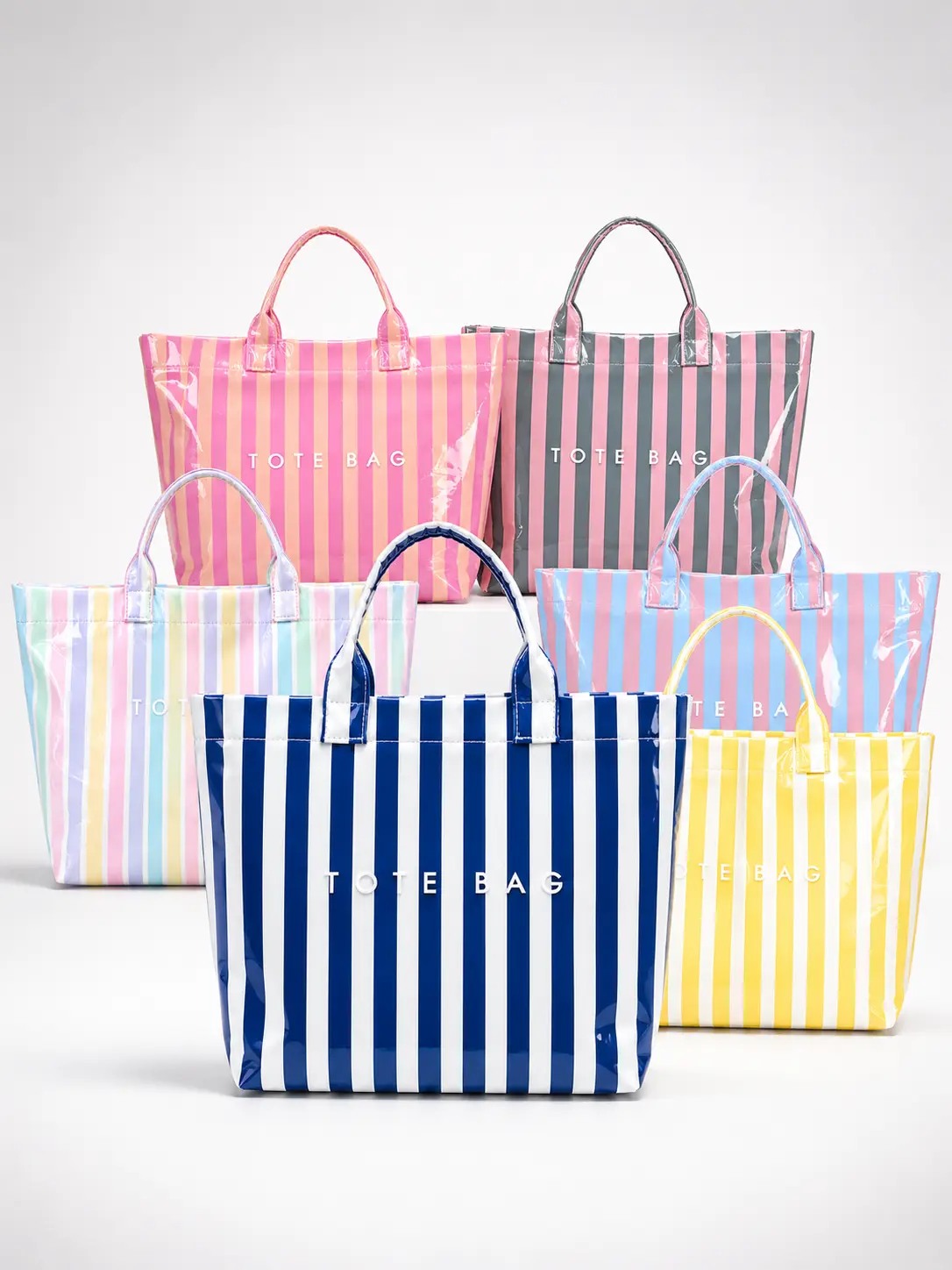 Summer colorful beach bag featuring a striped pattern; large-capacity tote bag for casual shopping; lightweight PVC waterproof tote with hook-and-loop closure; retro letter-print commuter tote; suitable for shopping, studying, work, and more; large bag fo