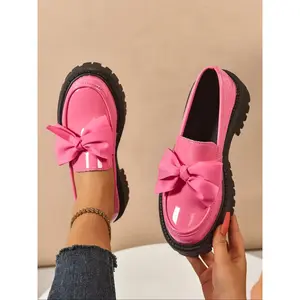 Women’s New Thick-Soled Loafers, Shiny Leather with an Elegant Bow Tie, Fashionable and Versatile, Available in Multiple Colors