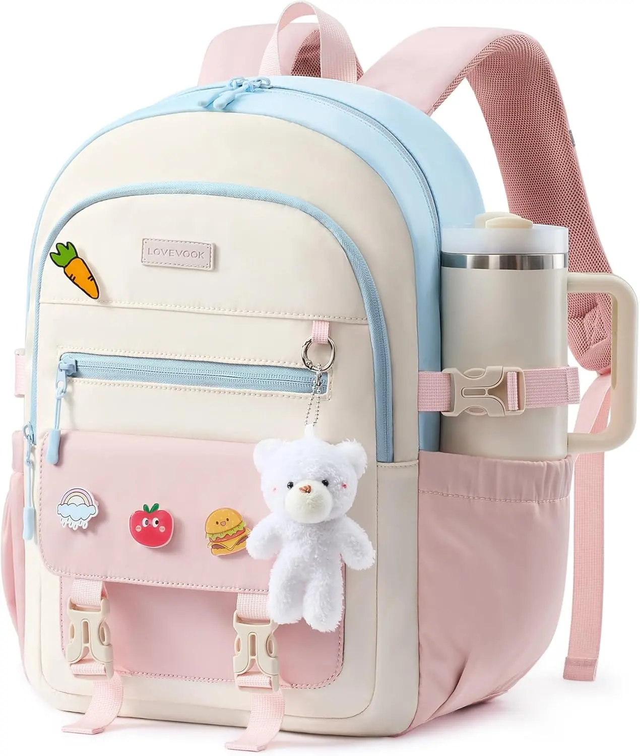 LOVEVOOK School Backpack for Teen Girls, Cute Student Bookbag Fits 15.6 Inch Laptop, Back to School Backpacks for 8-18 Teenager Kid, Large College Travel Back Pack with Water Bottle Holder Pink
