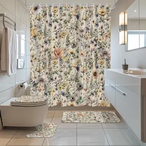 Bohemian floral pattern design, 4-piece shower curtain set, vintage wildflower bathroom decoration, Shower Essentials, with carpet (bath mat, U-shaped, toilet lid) and 12 durable hooks, non slip floor mat, waterproof forest shower curtain, polyester fiber