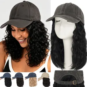 Baseball Hat With Hair Extensions For Women Cap Wigs Bob Hair Attached with Synthetic Short Hair Navy Blue Grey Beige Cap 8inch 170g Wavy Curly Hair