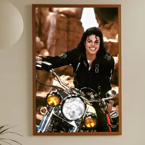 Michael Jackson Motorcycle Photo Poster - Iconic Black Leather Outfit, Desert Background, Retro Music Wall Art Print with Hanging Option, Paper Decoration for Bedroom, Creative Spaces
