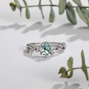 Jeulia Pear Cut Moss Agate Engagement Ring with Vine Leaf white gold elegance Sterling Silver FineJewelry