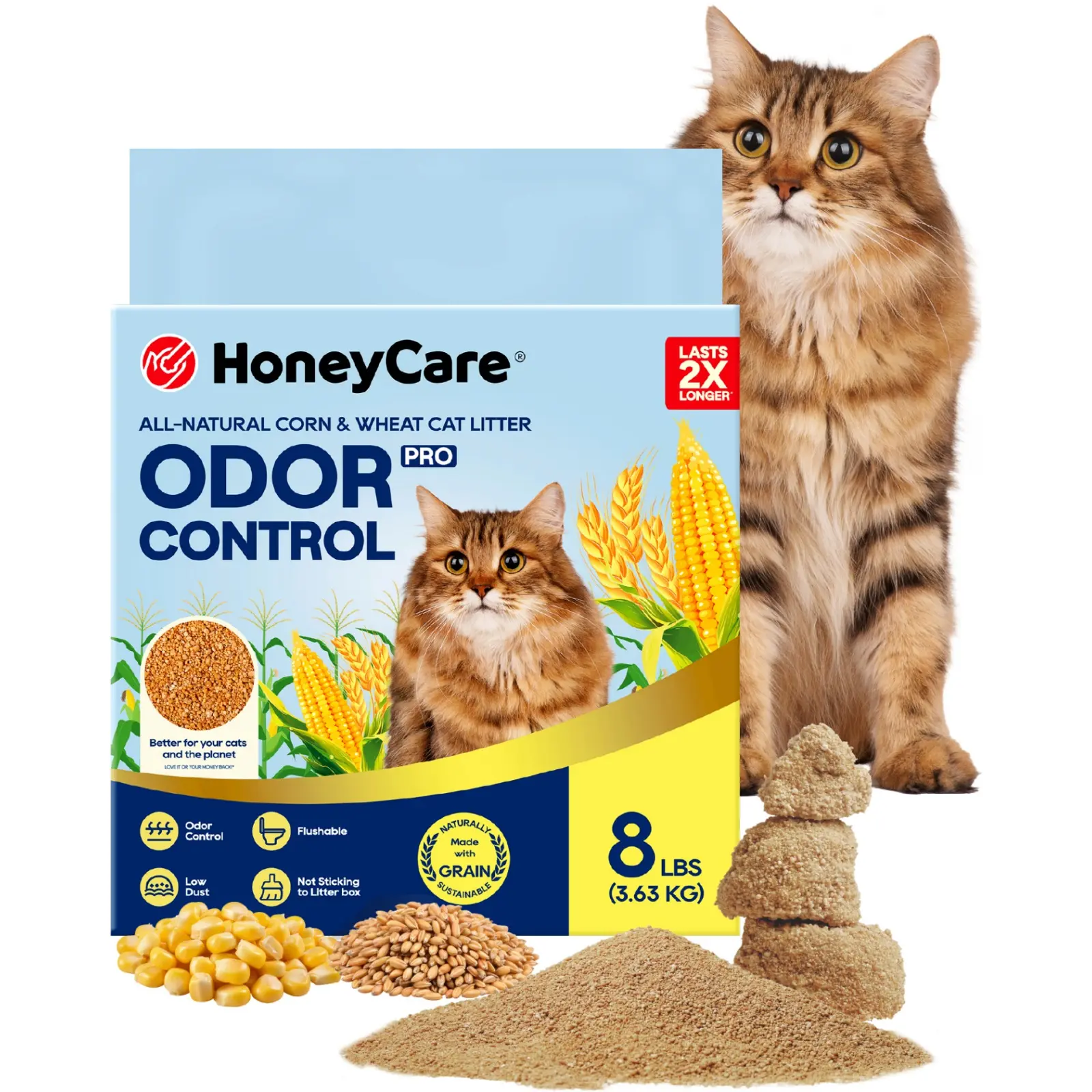 HONEY CARE All-Natural Corn & Wheat Clumping Cat Litter PRO, Flushable, Low Dust, Superior Odor Control, 8 lbs, Single Bag