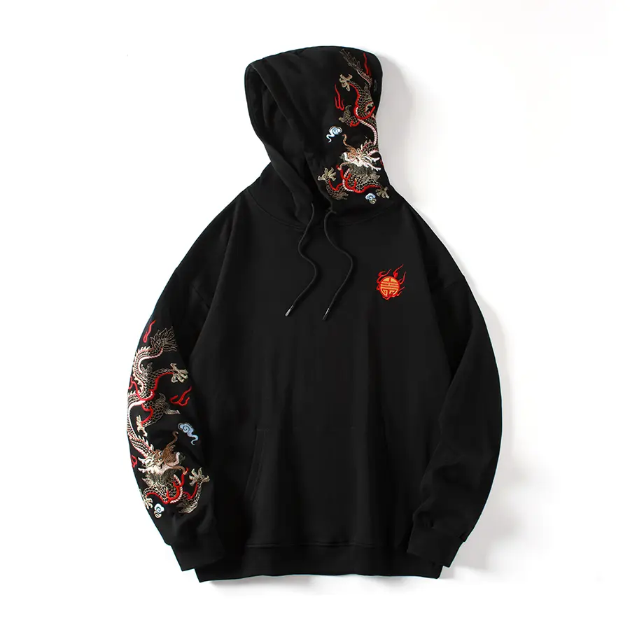 Niepce Black Japanese Streetwear Embroidered Dragon Hoodie Oversized Embroidery