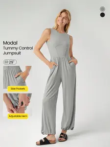 GLOWMODE Modal Tummy Control Sleeveless Wide-Leg Zip Back Jumpsuit Bodysuit With Side Pockets Daily Casual