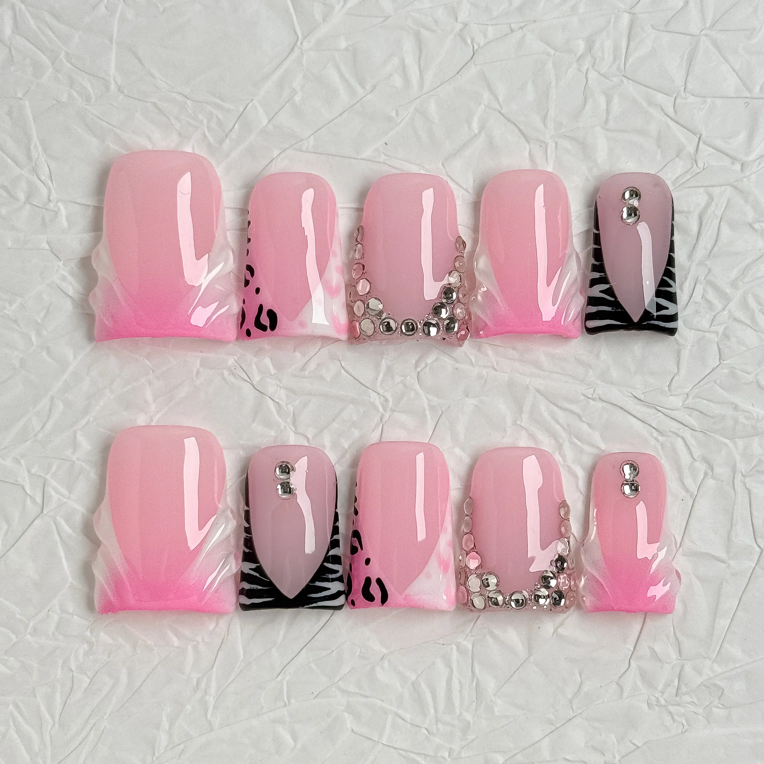 Reusable Handmade Press-On Nail Extensions, 10 PCS Set in a Playful Pink & White Coffin Shape with Vibrant Hue Swirl & Heart Art, Nail Art Decoration, Versatile Use, Stylish Appeal, Casual, Novelty, Press-On Apply, Vibrant Swirls, 10Pcs, Pressed On Nails