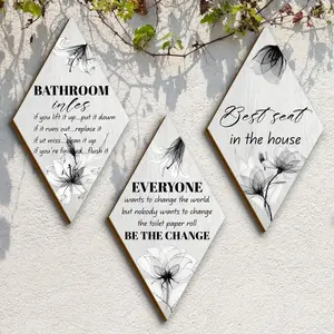 Flower Pattern Bathroom Decor, 3 Counts/set Wooden Modern Bathroom Decor Wall Art, Farmhouse Wooden Sign for Bathroom Toilet Wall Decor, Ornaments, Artwork, Art Wall Decoration, Flower Leaf Print