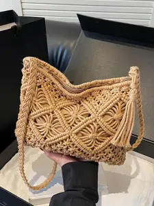 Women's Boho Style Braided Crossbody Crochet Bags, Fashionable Solid Color Shoulder Bag for Daily Used, Casual Trendy Versatile High-quality Daily Commuting Bag, Crossbody Purse, Fringe Hobo Bag