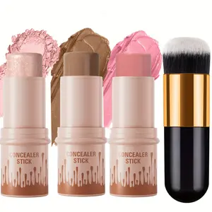 Contour Stick, Blush Stick, Highlighter Stick, Bronzer Stick, 3 Pcs Cream Contour Kit with Brush for a Flawless Look, Contour Stick Makeup Non-Greasy Waterproof, Long-lasting Fair