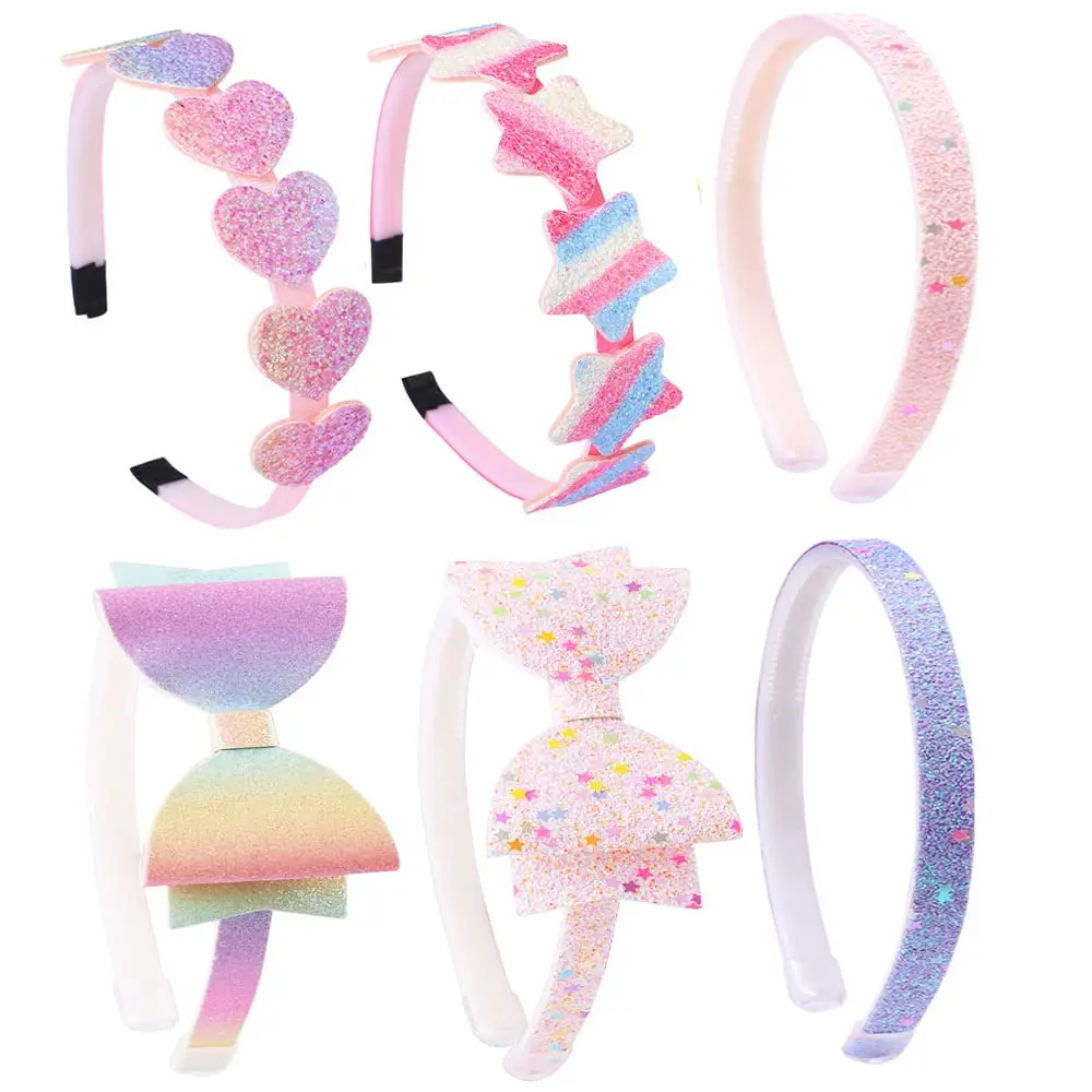 XY-HDW06 6 Pack Girls Headbands Glitter Kids Hair Accessories Bow/Heart/Star Shaped Sweet Hairband For Toddler/Girls/Teens