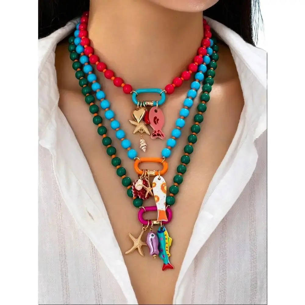 Women's Boho Layered Necklace Set, 3-Piece Beaded Choker with Colorful Enamel Fish, Heart, and Shell Charms for Beach Vacation, Ocean Charms, Female, 3-Piece Set, Oceanic, Colorful Enamel Carabiners, Hand-Painted, Multicolor, Adjustable Beaded Design, Ass