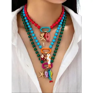 Women's 3-Piece Boho Style Jewelry Bohemian Beaded Layered Adjustable Choker Necklace Set with Colorful Ocean Charms for Beach Vacation Wear