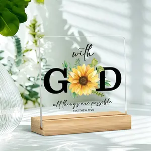 Christian Religious Bible Gift, With God All Things Sunflower Print Acrylic Desk Plaque Sign with Wood Stand, Faith Sentimental Tabletop Decor Keepsake Present