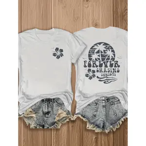 Endless Sunset Pursuit Tropical Hibiscus Graphic T Shirt for Summer Vibes Women Casual Cotton Double Sided Vacation Beach Festival Fashion Comfortable Maroon