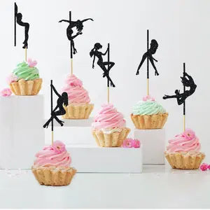 12/24pcs Pole Dance Girl Cupcake Toppers Black Glitter Pole Dancing Cupcake Picks Bachelorette Bridal Shower Birthday Party Cake Decorations Supplies