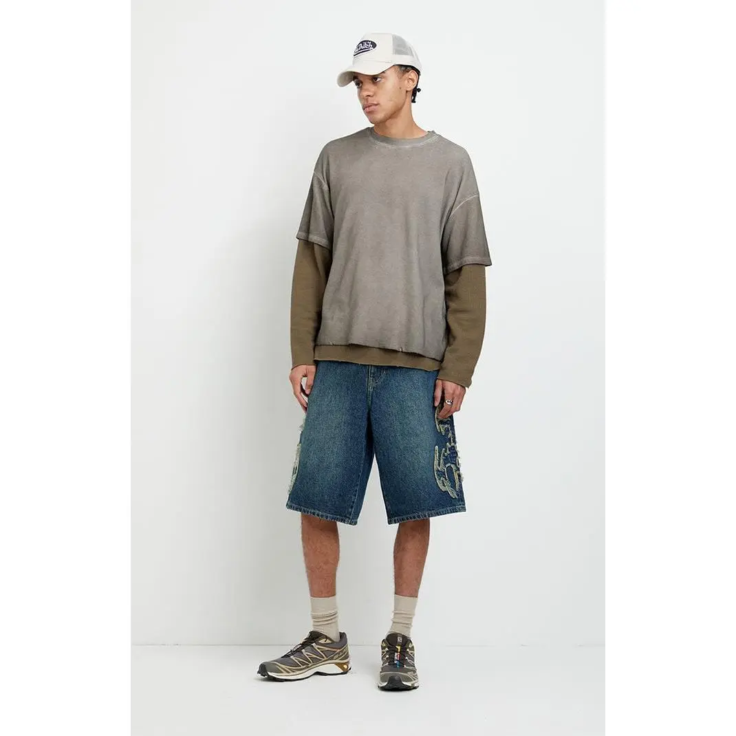 Pacsun Men's Austin Extreme Baggy Jean Shorts Cyber Applique Dark Blue