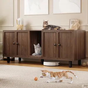 【Valentine's Day gift】ONBRILL 59 Inches Cat Litter Box Enclosure for 2 Cats, Hidden Litter Boxes Furniture with Cat Scratch Pad, Large Indoor Pet House with Double Room, Wooden TV Stand Side Table