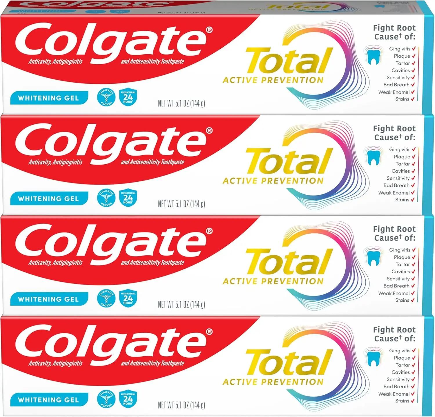 Colgate Total Active Prevention  Daily Whitening Gel Toothpaste with Fluoride Bulk (4-Pack) 5.1 oz Mint Flavor, Clinically Proven Plaque  l Antibacterial, Bacteria-Fighting Formula
