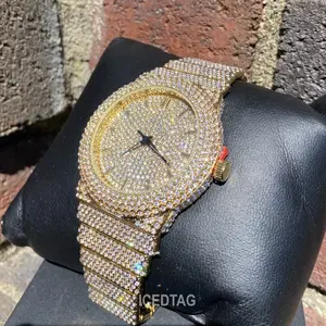 Full Iced Bling Out Gold Plating Unisex Hip Hop Analog Watch 46MM Case 22MM Band Quartz Movement Lab Simulated Diamonds Elevate Your Style