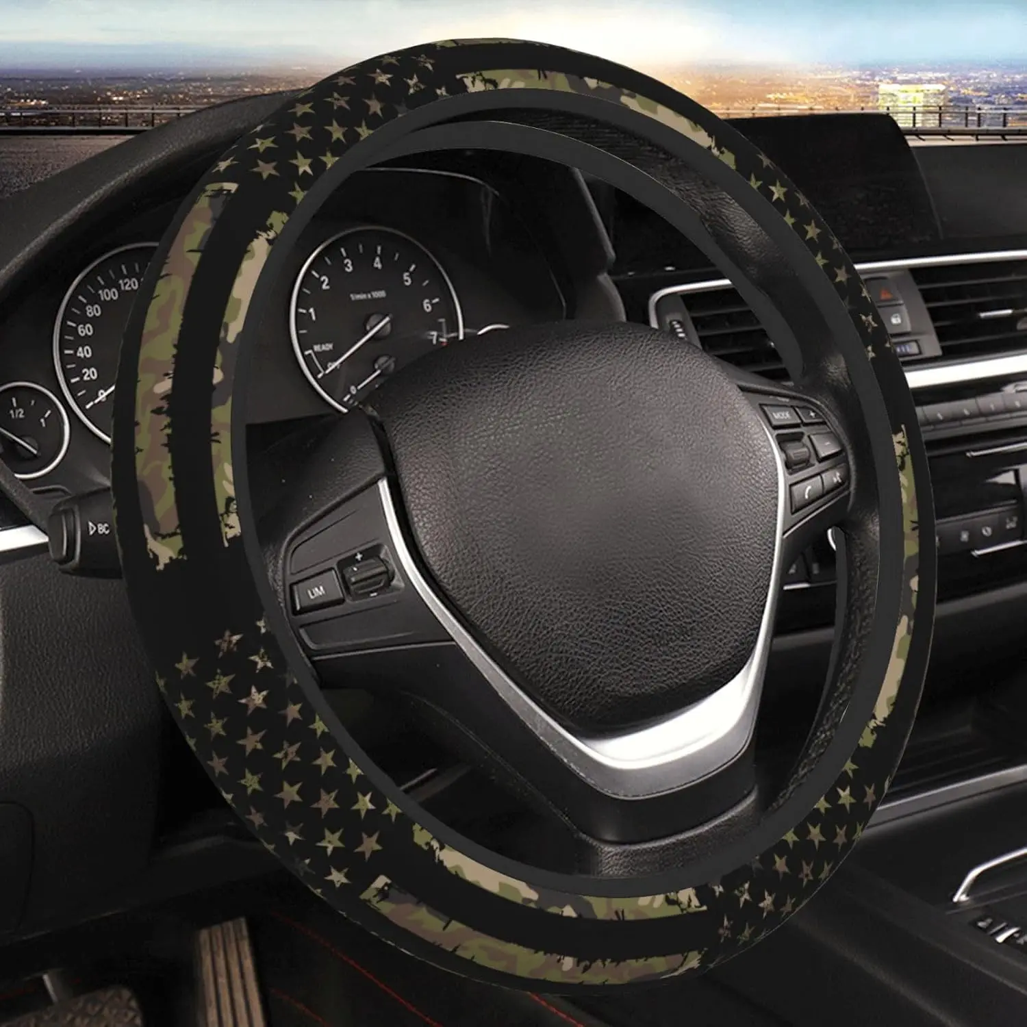 15in Camo American Flag Neoprene Steering Wheel Cover - Automotive Anti-Slip Elastic Steering Wheel Protector, Universal Car Interior Accessory for SUVs, Ideal Christmas Holiday Gift for Friends/Family, Accessories for Car, Car Accessories