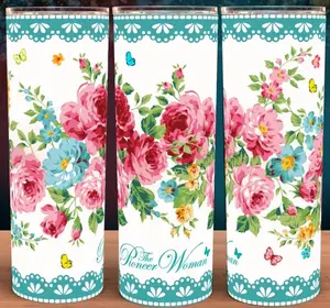 Pioneer Woman Sweet Rose Floral Blue Lace Cup Mug 20oz Stainless Steel Tumbler with Slide Closure Lid Reusable Plastic Straw Handmade Design Drinkware - Flasks