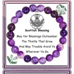 Sassenach Gift Scottish Thistle Bracelet,Celtic Thistle Charm Thistle Blessing Amethyst Beads Thistle Flower Jewelry,Scottish Thistle Jewelry for Women (Pu