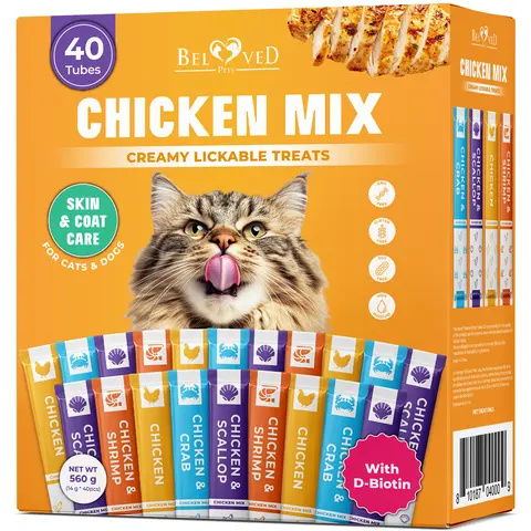 Beloved Pets Creamy Lickable Gluten-Free Cat Treats Wet Squeeze Tubes - 91% Moisture Chicken, Tuna & Shrimp Mix, All Ages Urinary & Skin Care Support Multivitamin Snacks (40 Sticks)