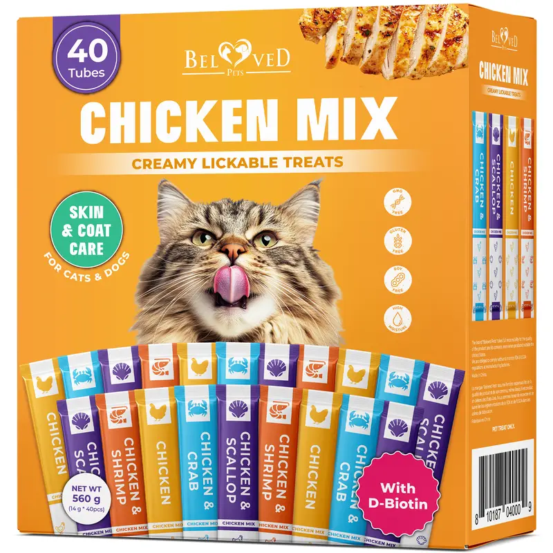 Beloved Pets Creamy Lickable Gluten-Free Cat Treats Wet Squeeze Tubes - 91% Moisture Chicken, Tuna & Shrimp Mix, All Ages Urinary & Skin Care Support Multivitamin Snacks (40 Sticks)