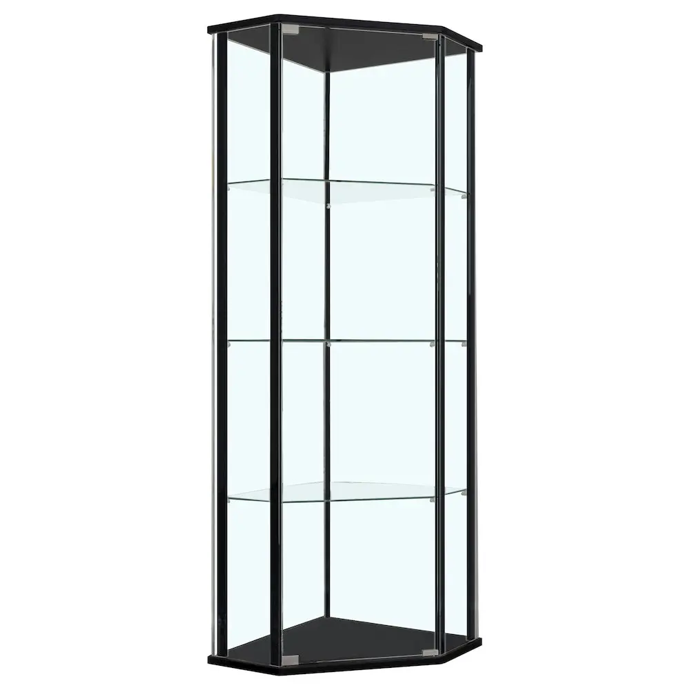 Zenobia 4-Shelf Sturdy Curio Cabinet Display Case, Black Tempered Glass with Metal Frame, Clipped Edges for Collectibles