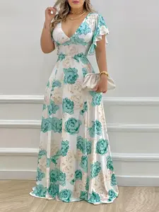 Women's Floral Print Deep V Neck Dress, Elegant Fashion Casual Maxi  Dress for Daily Outdoor Wear, Women Dress for Summer