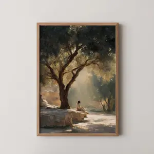 Jesus Sitting Under Olive Tree Print – Peaceful Neutral Christian Wall Art, Soft Painterly Fine Art of Christ Unframed