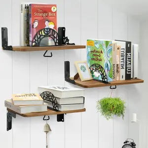 Floating Shelves 3 Pcs Nursery Book Shelves with Bookends & Hooks Large Wall Bookshelf for Kids Room Durable Wood Hollow Metal Brackets 9 Inches Wide High Stability & Weight Capacity