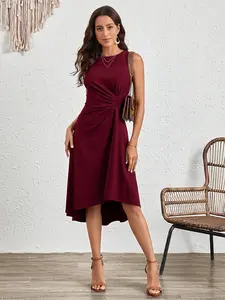 A women's solid color Basic Elegant Chic fashionable sleeveless round neck A-line pleated midi dress, suitable for summer, vacations, daily wear, casual wear, dates, gatherings, and other occasions.