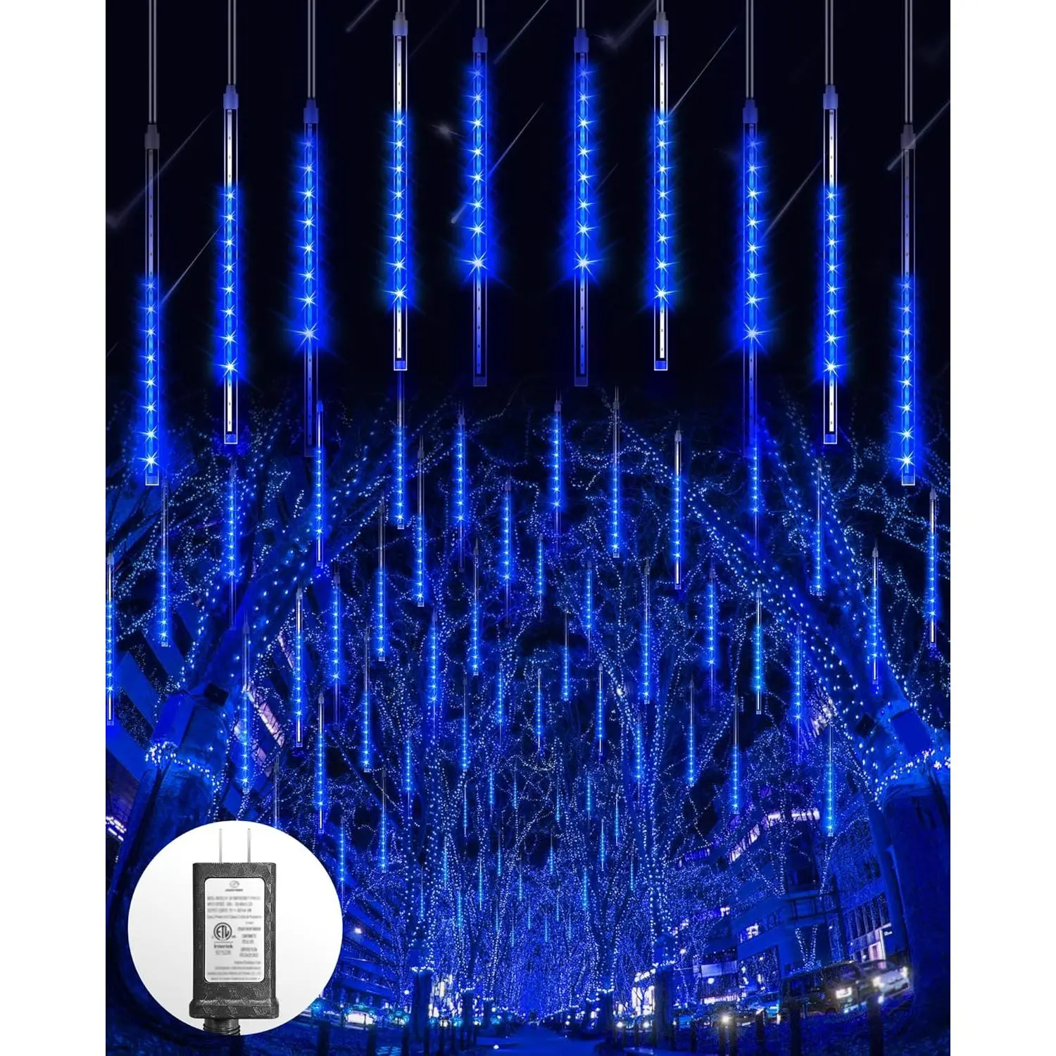 Meteor Shower Lights Outdoor 10Tubes 16 Inch 360 LED Christmas Lights Waterproof Falling Rain Lights Plug in Dripping Icicle Lights for Tree Porch Roof Yard Xmas Halloween Decoration, Blue