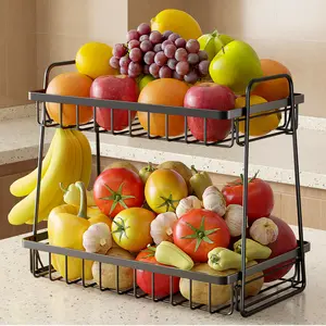 2 Tier Square Metal Wire Fruit Basket for Kitchen Counter, Iron Spray Coated Fruit and Vegetable Storage Organizer, Large Capacity Double Layer Countertop Basket in Black Silver Brown for Fruits Snacks Bread Produce Kitchen Storage