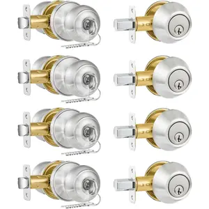 4 Pack Exterior Door Lock Set, Satin Nickel Door Knob and Deadbolt Combo Set, Keyed Alike Entry Door Knobs with Lock & Keys, Round Ball Door Locksets with Deadbolt for Entrance and Front Door
