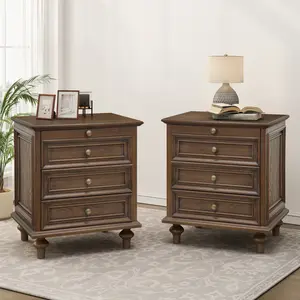 Farmhouse Bedside Table Nightstands Set of 2 with 4 Drawer,Wood Storage End Table with Hidden Pull-Out Shelf, Large Side Table with 4 Solid Wood Feet and Metal Handle,Easy Assembly,Walnut Brown