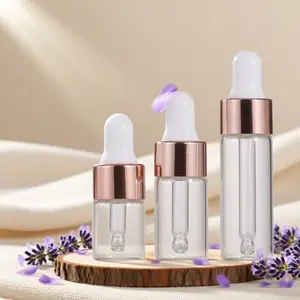 10pcs 1ML 2ML 3ML 5ML Mini Essential Oils Sample Glass Dropper Bottles, Elegant Bottle, Rose Golden Cap, for Traveling, Perfume, Cosmetic Liquid