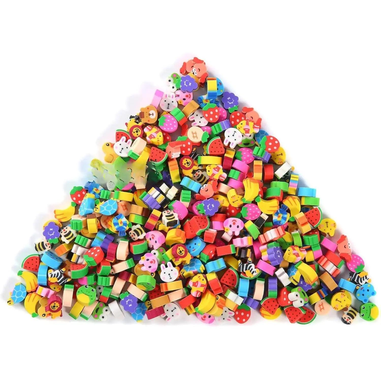 300-Piece Bulk Mini Pencil Erasers Assortment Pack (0.39-0.59 in) - Non-Toxic, Latex-Free Office Stationery, Bright Animal/Fruit Designs, Kids' Toys for Back to School Haul, Christmas Presents