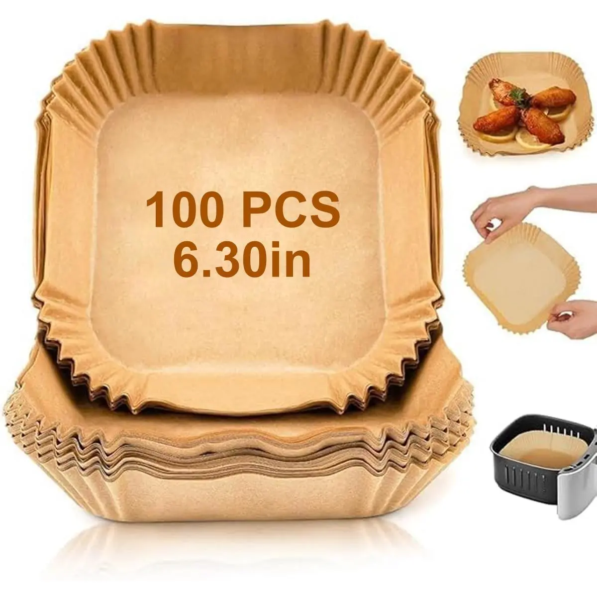 Square Air Fryer Paper Liner, 100 pcs Non-stick Disposable Paper Liner for Baking, Roasting, Microwave, Food Grade Baking Tray for Home Kitchen Restaurant (6.3IN)
